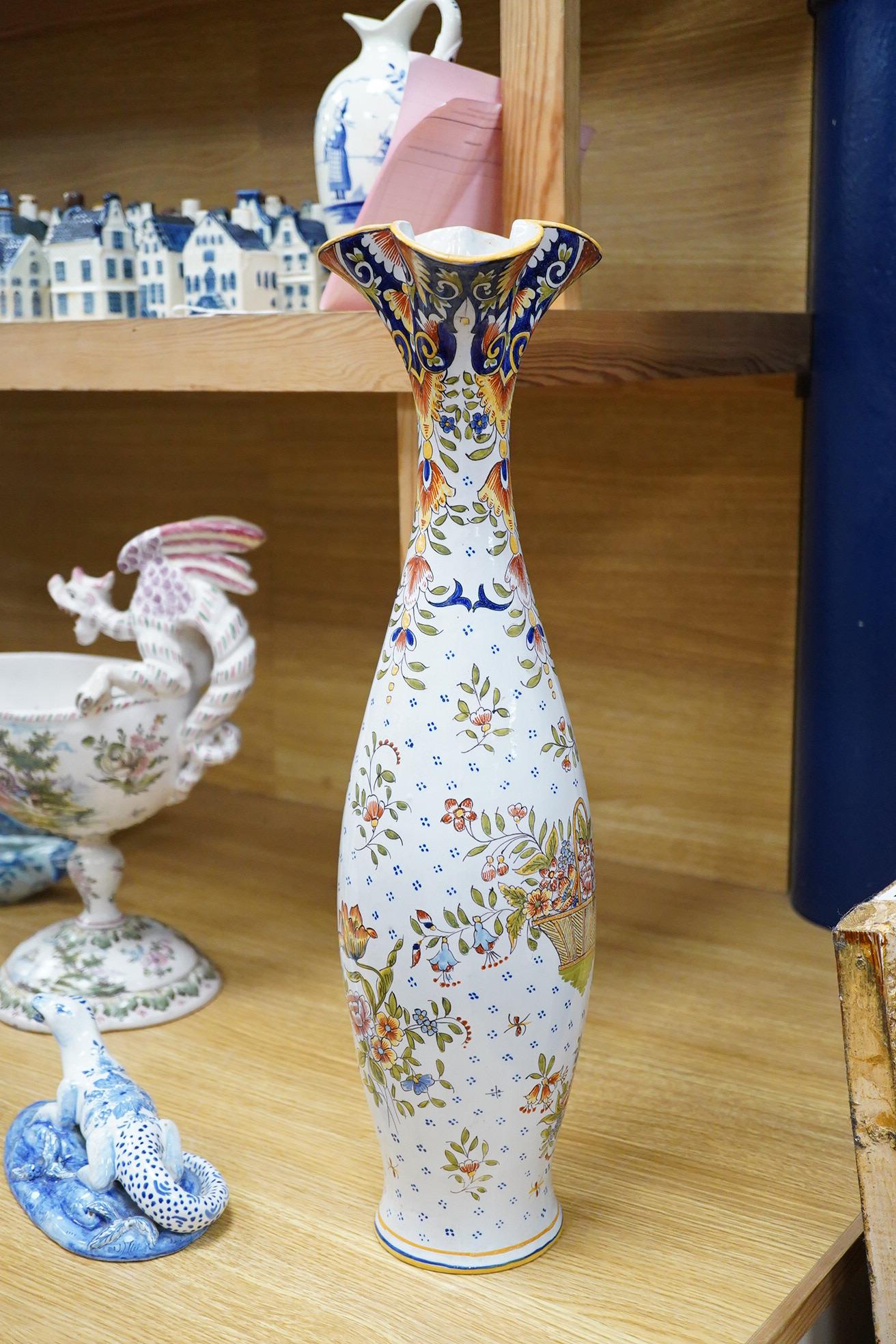 Five French faience pottery items, dating from the late 18th century to late 20th century. Tallest -vase 51cm high.